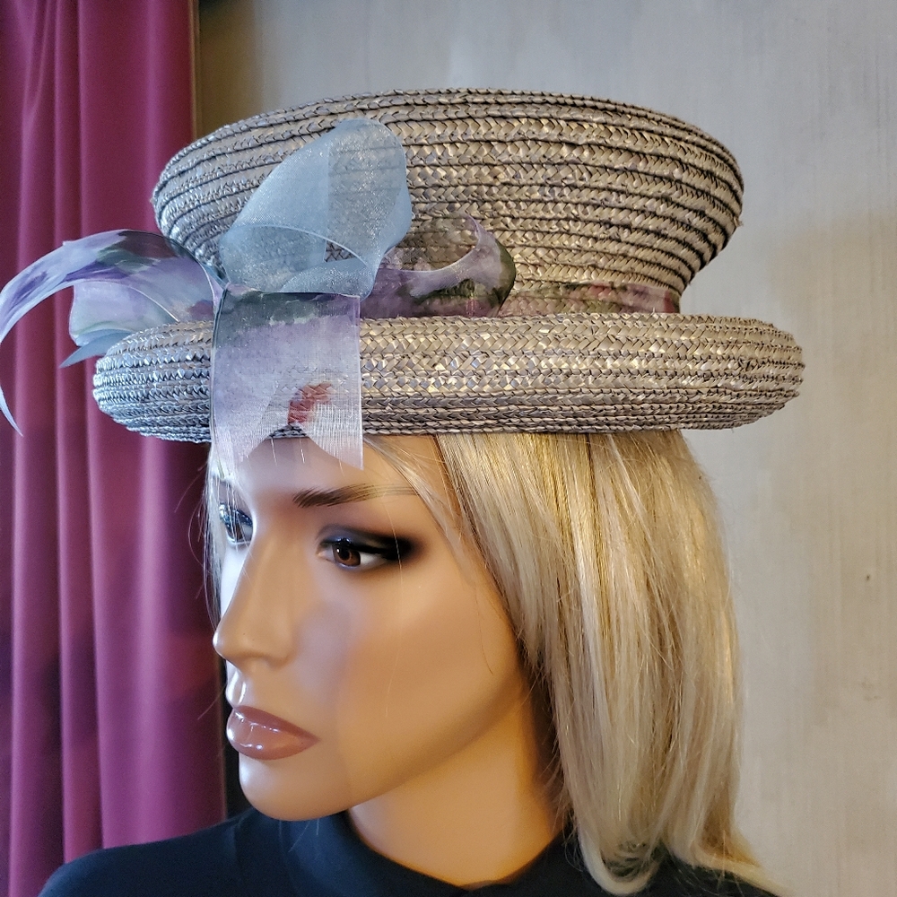 Gray Straw Rolled Brim Hat Chiffon Bow Church Hat Ladies Tea Eclectic Grandma